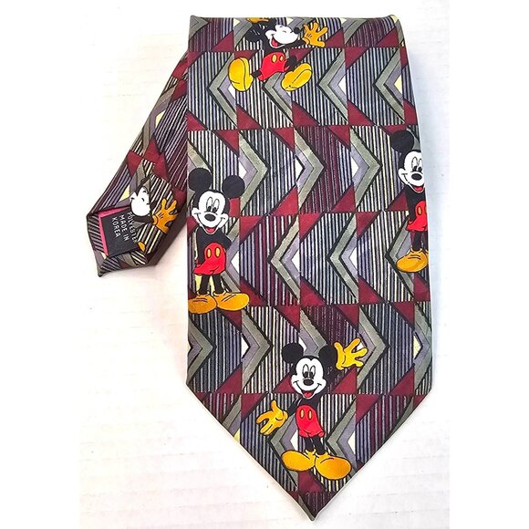 Vintage Disney Mickey Mouse Polyester Tie Geometric Pattern Red & Blue Korea - Picture 1 of 6